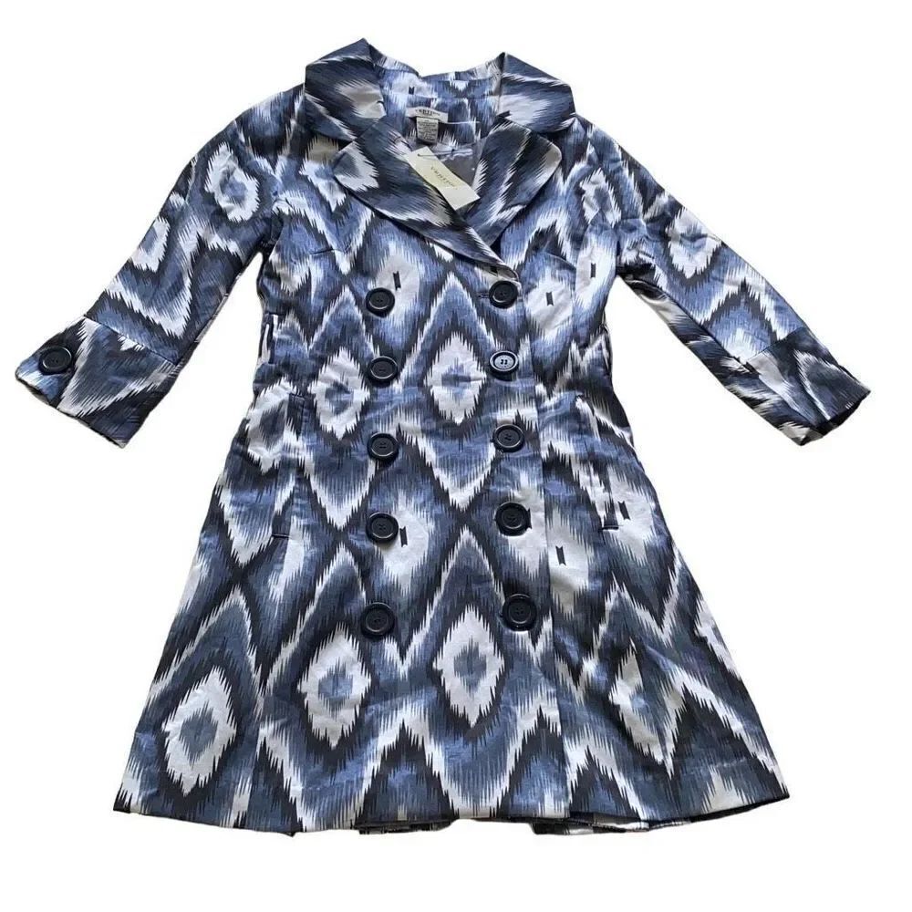 Vertigo Paris NWT Ikat Eye Double-Breasted Coat London Blue Geometric Print XS